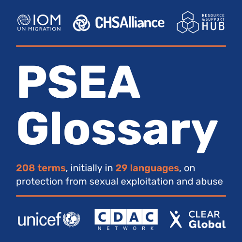 PSEA Glossary written on blue background, with logos of partners